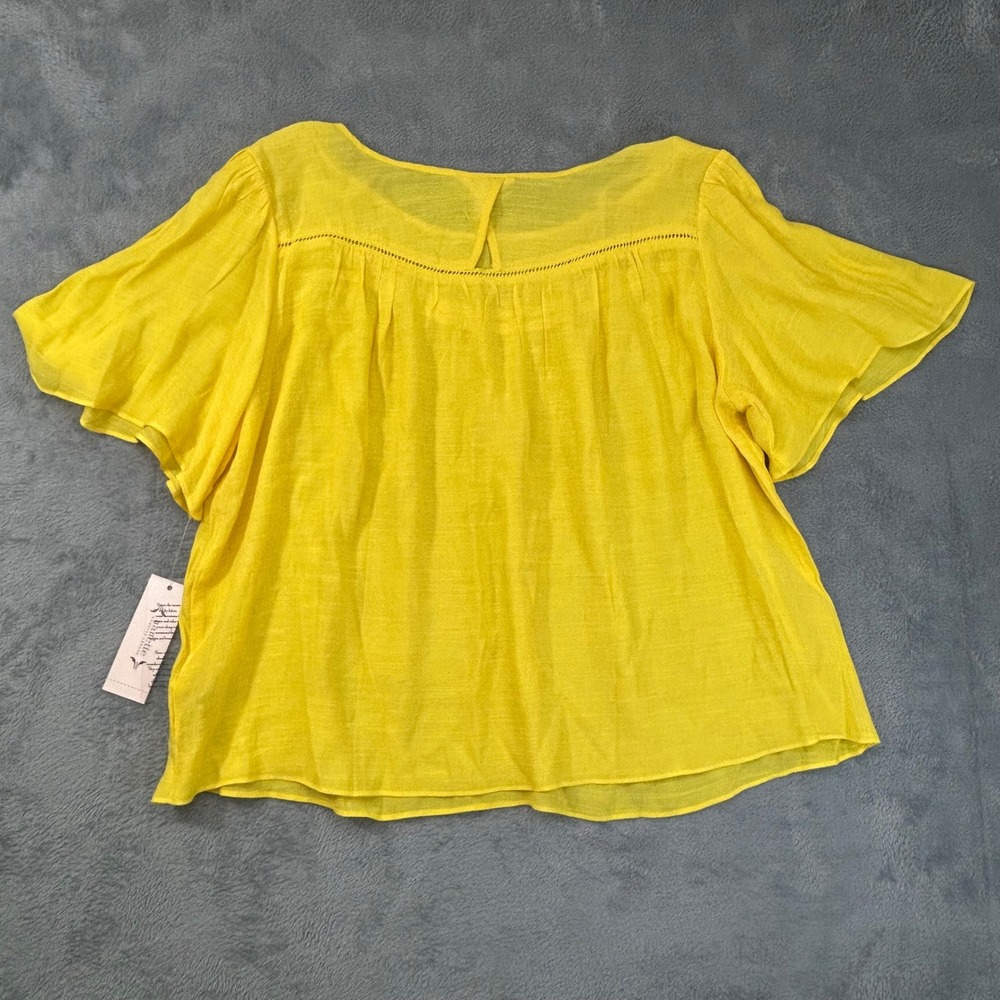 Nanette Lepore Yellow Flutter Sleeve Blouse XL NWT Ladder Stitch Boho Top - Picture 7 of 7